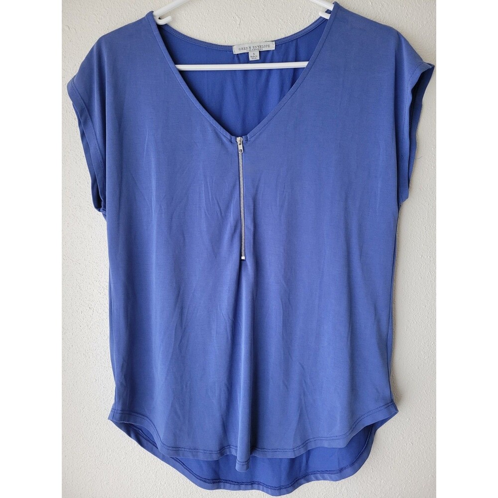 Green Envelope Blue Zip Front Blouse Womens Small Modal Top Made USA